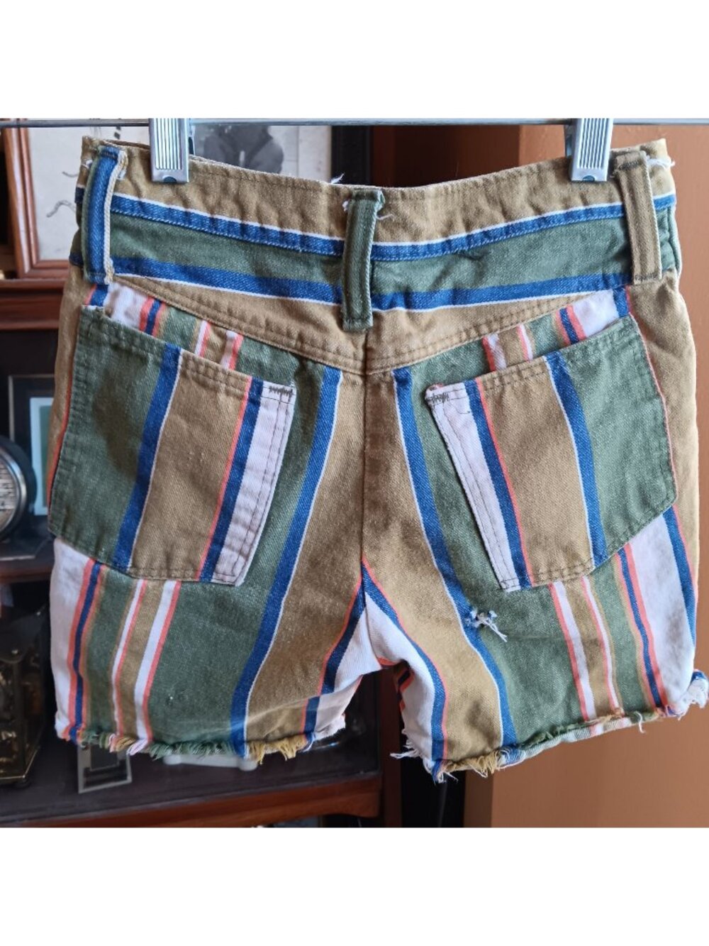 1960's Striped Surf Beach Boys Vintage Boys Girls Shorts 22W 22" Denim Frayed